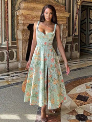 Print Slim Bodycon A-line Dress Women Spaghetti Strap 2023 Summer Dress Midi Long Split Nightclub Sexy Party Dresses