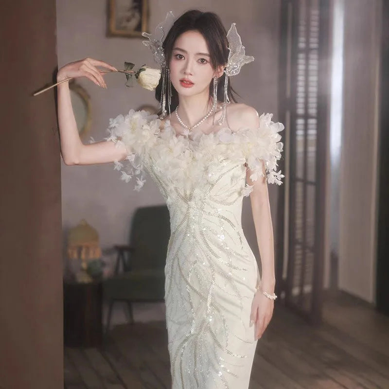 Beige white light luxury fairy evening dress new line shoulder waist fish tail banquet evening dress
