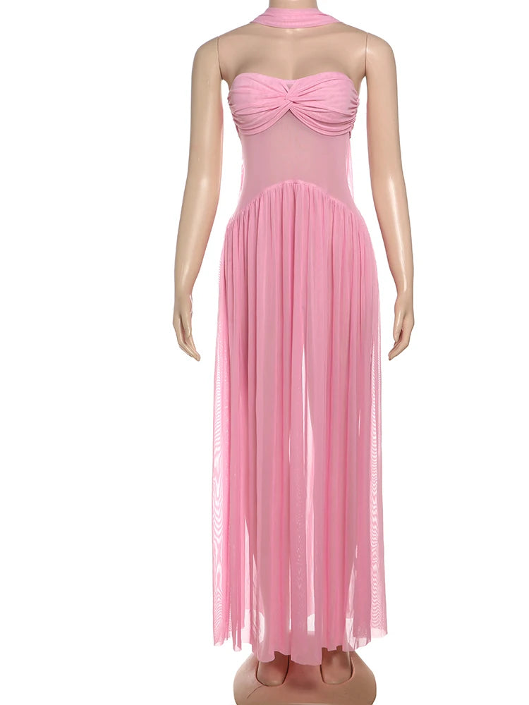 Temperament Mesh Patchwork Maxi Dress Women Solid Scarf+Sexy Backless Strapless Ruffles Midnight Banquet Party Outfits