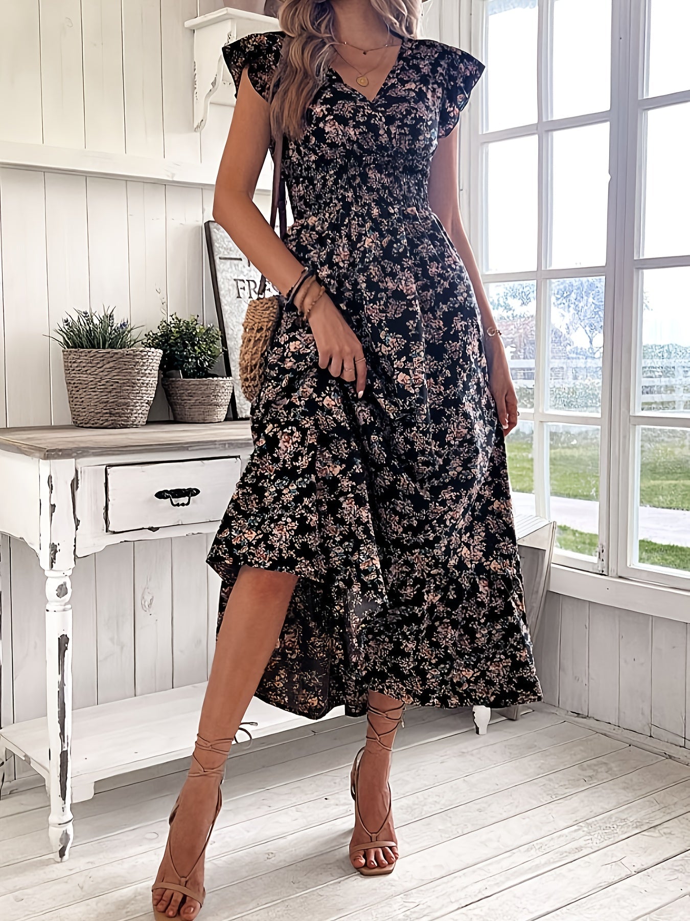 Vibrant Floral Print Ruffled A-Line Dress - Shirred Waist, Relaxed Fit, Vacation-Ready, Spring & Summer Essential - Women's Stylish Clothing for Warm Weather