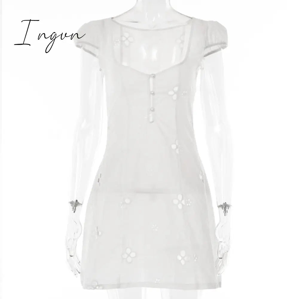 Ingvn - Square Collar Black Mini Dresses 2023 Summer Sexy High Waist Short Sleeve Beachwear Bodycon Hollow Out Sundress Female Ingvn
