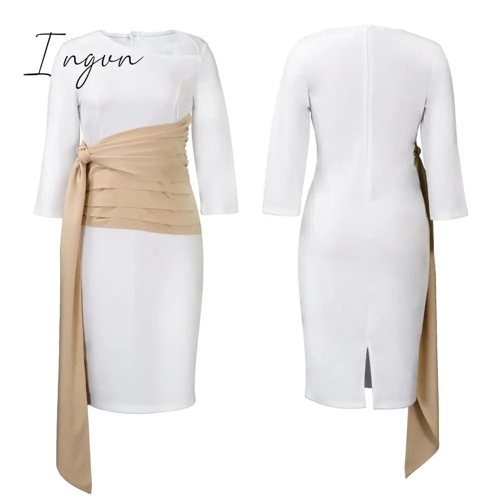 Ingvn - Autumn Fashion Elegant Colorblock Lace-Up Dress Women Office Ladies OL Colorblock Slim Dress Women