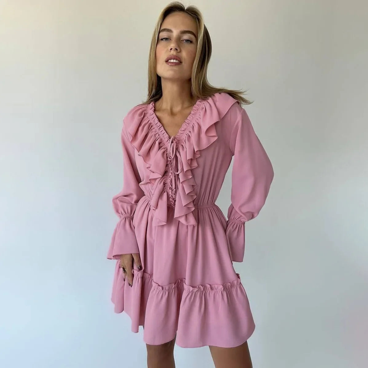 Ingvn  Fall V-neck Flare Sleeve Ruffles Short Dresses Streetwear Women's High Waist Lace-up Tunics Ruched A-line Pink Party Dress