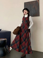 Winter Plaid A-line Skirt Women Clothing Woolen Vest Dress Sweet Age Reduction Vintage Dresses Korean Fashion Vestidos