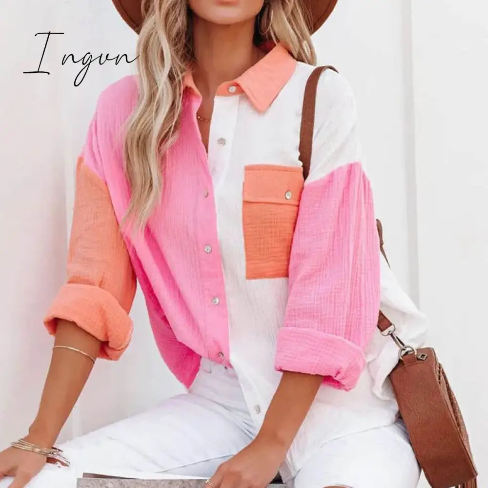 Ingvn - New Spring Summer Fashion Women New Patchwork Shirt Elegant Commute Contrast Lapel Buttons Cardigan Streetwear Ladies Casual Blouses