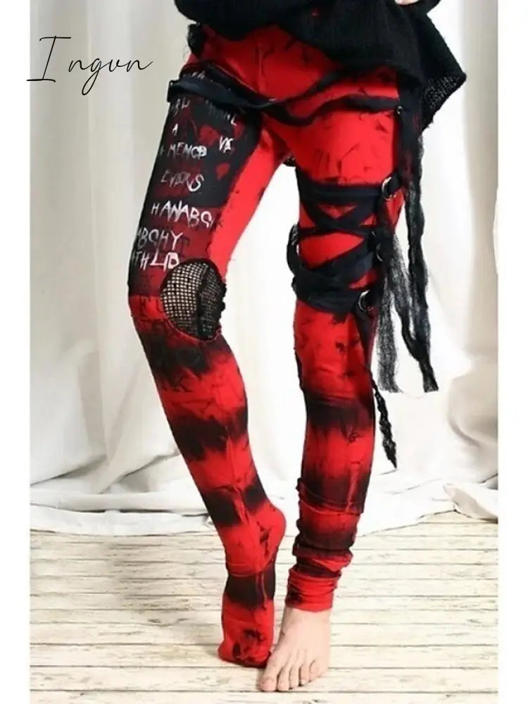 Ingvn - Women's cool ultra gathered pants Halloween gothic rocker distressed punk tie leggings gray black red s m l xl xxl