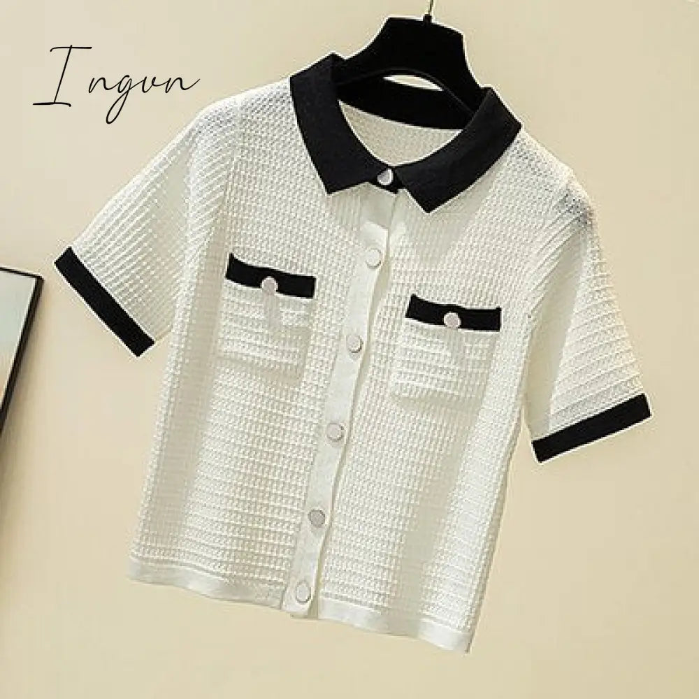 Ingvn - Thin Knitted T Shirt Women Button Cardigan Womens Tops Korean Clothes Summer Short Sleeve Turn-Down Collar Tee Shirt Femme