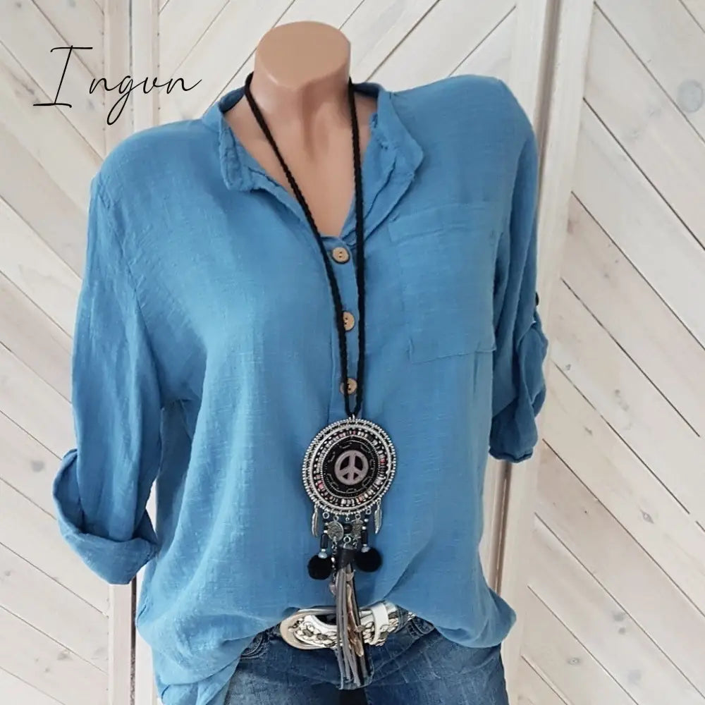 Ingvn - Oversized Women Blouses Cotton Linen Blouse Autumn Shirts Casual Long Sleeve Button V Neck Loose Shirt Lady Tops Plus Size S-5XL