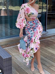 Summer New Ladies Fashion Tube Top Single Sleeve + Waist Splicing Skirt Sexy Elegant Ladies Asymmetric Skirt Suit