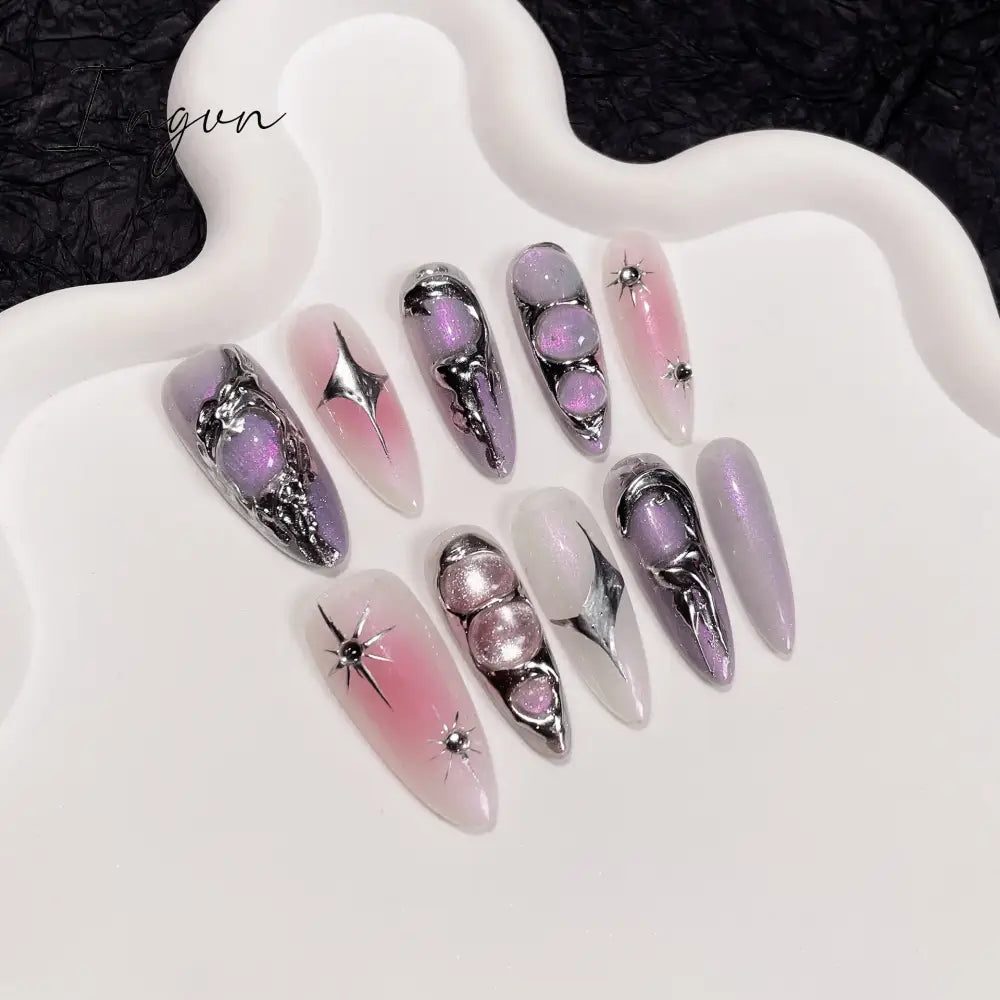 10Pcs Black Handmade Press On Nails Coffin Fake Nails Full Cover Gradient Metal Contrast Artificial Manicure Wearable Nail Tips