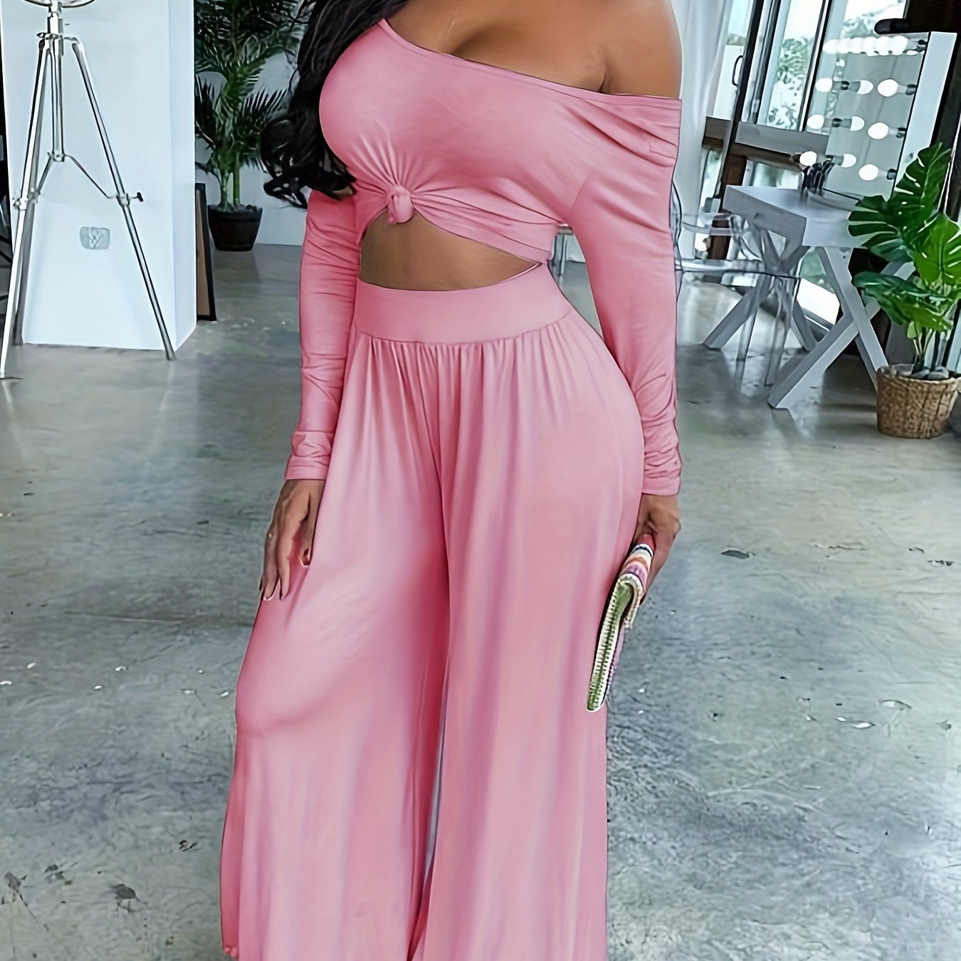Long Sleeve Two-piece Set, Casual Solid Crop Top & Wide Leg Pants Outfits, Women's Clothing