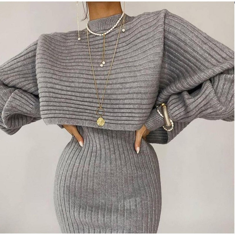 Women Elegant Slim Two Piece Sets Female Sweater Dress Autumn Winter High Waist Knitted Ensemble Femme Medium Long Party Dresses