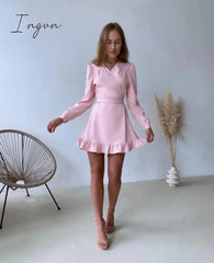 Ingvn - Casual Ruffle Mini Dress Ladies Elegant Long Sleeve V-Neck Party Dress New Fashion Solid Sweet Spring Dresses Women Clothes
