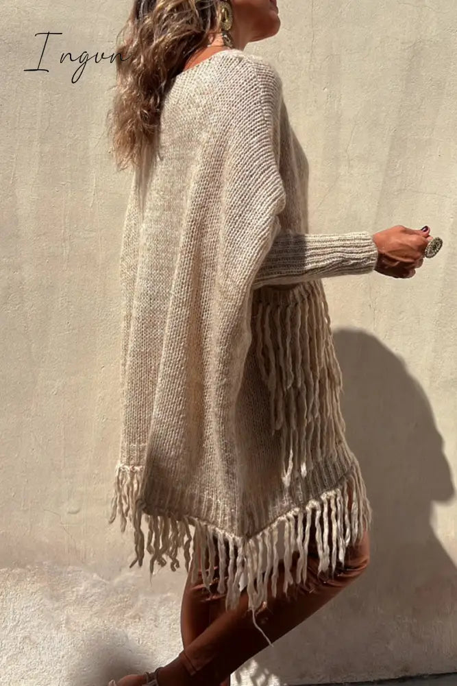 Ingvn - Casual Solid Tassel Pocket Weave O Neck Tops
