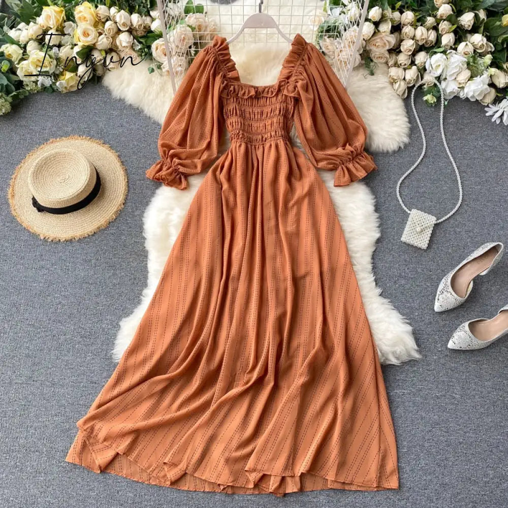 Ingvn - Summer Beach Chiffon Long Dress Elegant Solid Lantern Sleeve High Waist Women Maxi Dress Party Club Ladies Vestidos New
