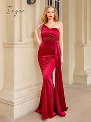 Ingvn - One Shoulder Padded Sexy Satin Maxi Dress Women's Evening Party Dress Gown with Ribbon Royal Blue Green Draped Long Dress