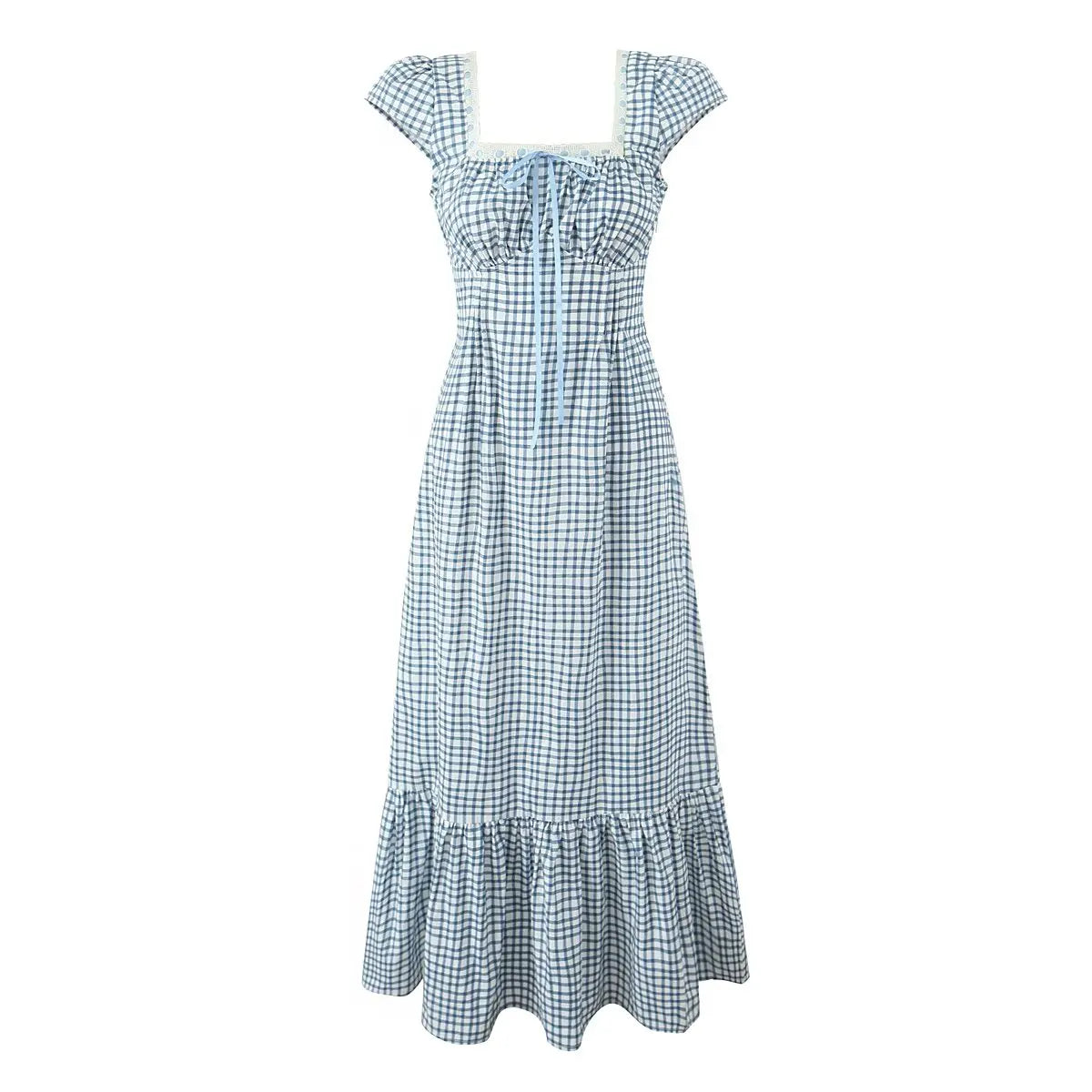 Women Casual Vintage Plaid Dress Elegant Square Neck Short Sleeve A-line Summer Long Dress Vacation Maxi Robe