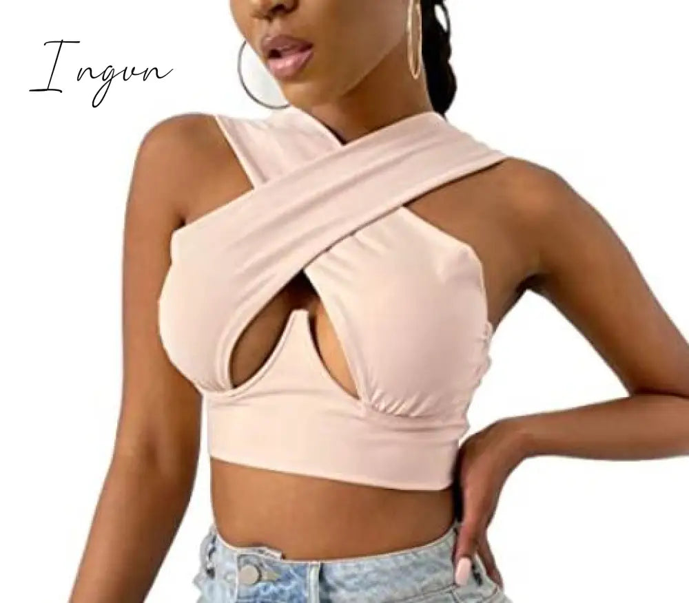 Ingvn - Women's Criss Cross Tank Tops Sexy Sleeveless Solid Color Cutout Front Crop Tops Party Club Streetwear Summer Lady Bustier Tops