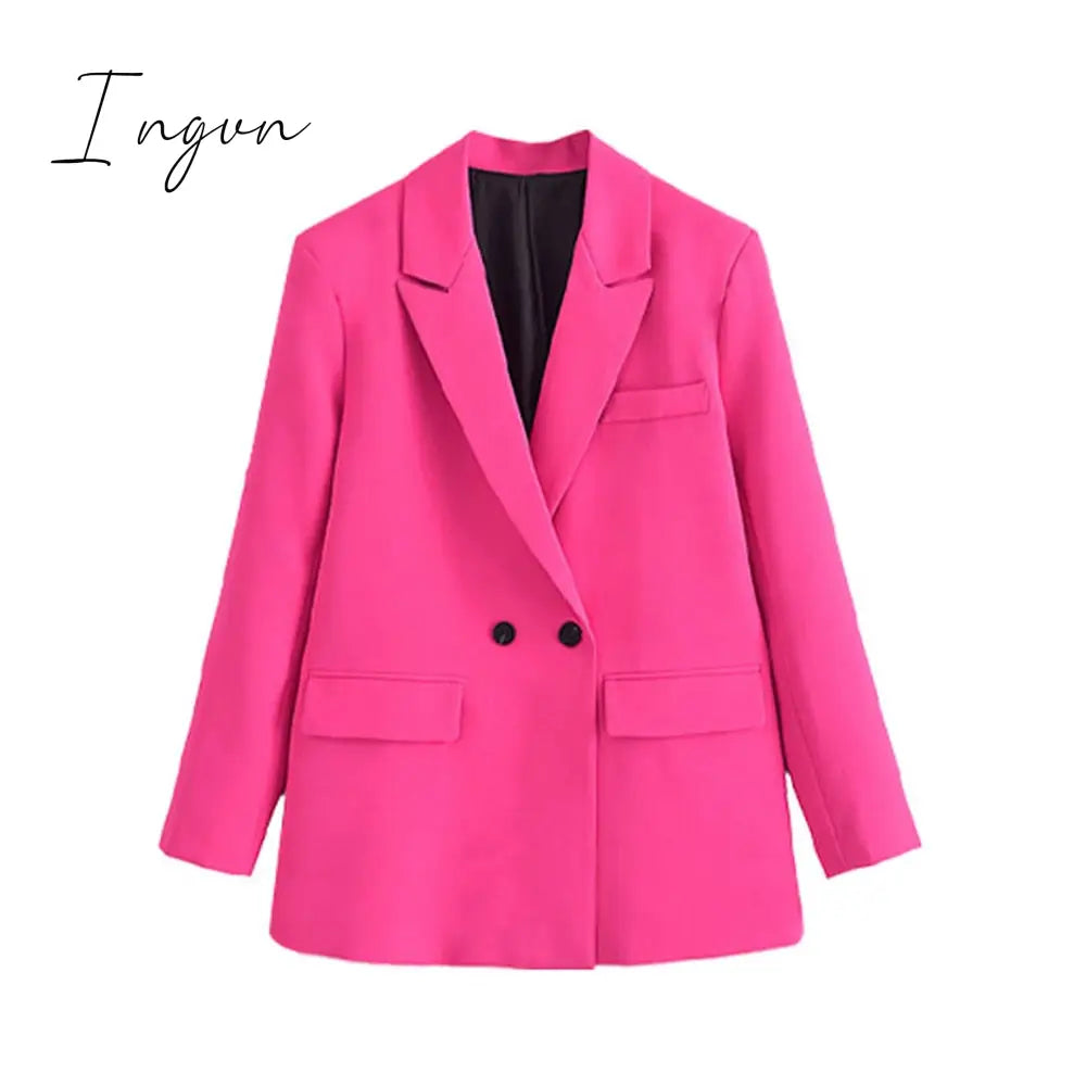 Ingvn - Women Fashion Solid Double Breasted Blazers Female Elegant Long Sleeves Loose Jacket Coats Office Ladies Outerwear Top