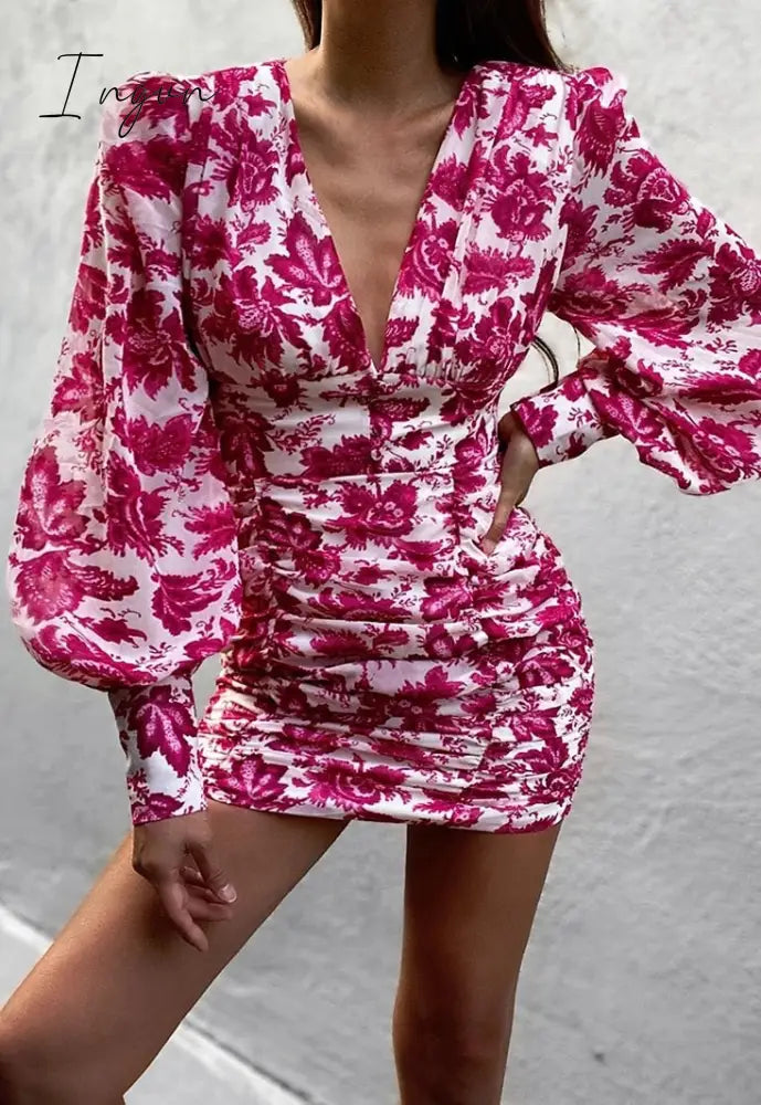 Ingvn - Women Sexy Deep V Neck Floral Print Long Lantern Sleeve Ruched Dress Summer Elegant Female Bodycon Party Dress Vestido