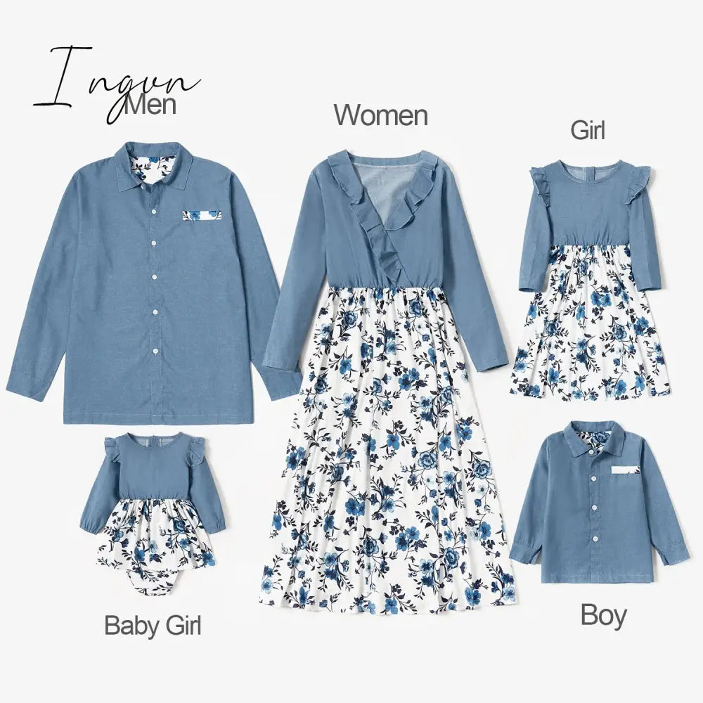 Ingvn - Trends Summer And Spring Mosaic Cotton Family Matching Floral Sets Flounce Dresses And Denim Tops Short Long Sleeve Family Look