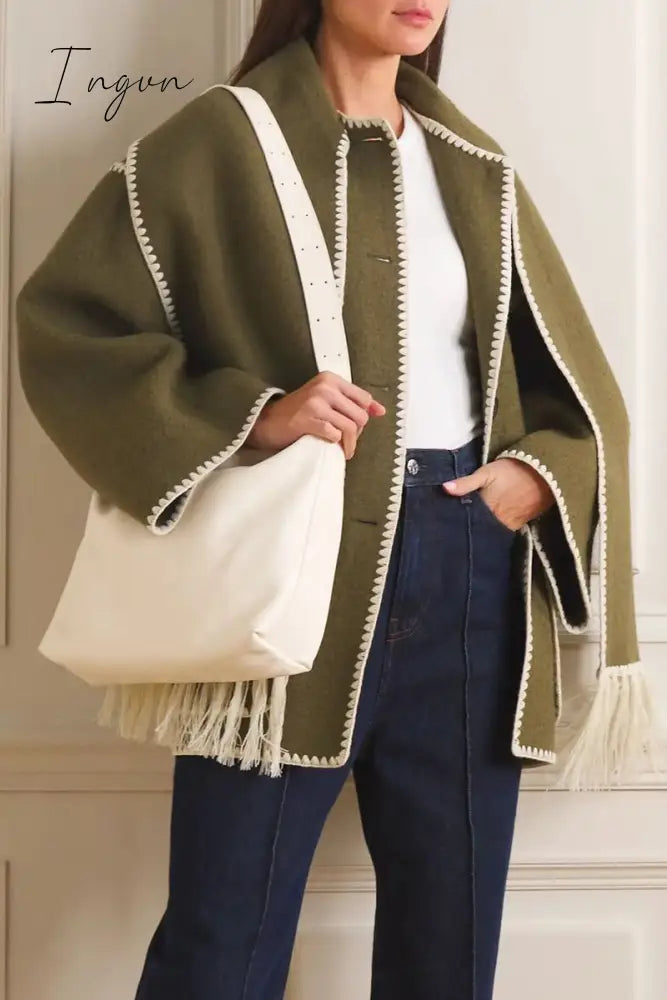 Ingvn - Casual British Style Solid Tassel Contrast Scarf Collar Outerwear