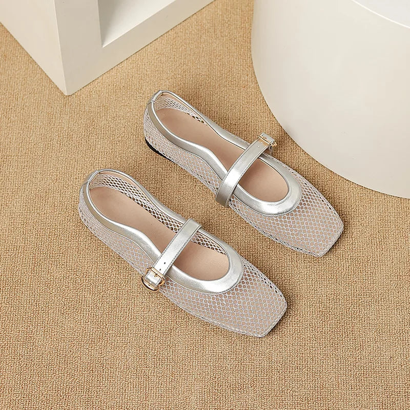 Fashion Square Toe Mesh Ballet Flats Buckle Strap Mary Janes Breathable Hollow Out Single Shoes Female Flat Bottom Casual Shoes