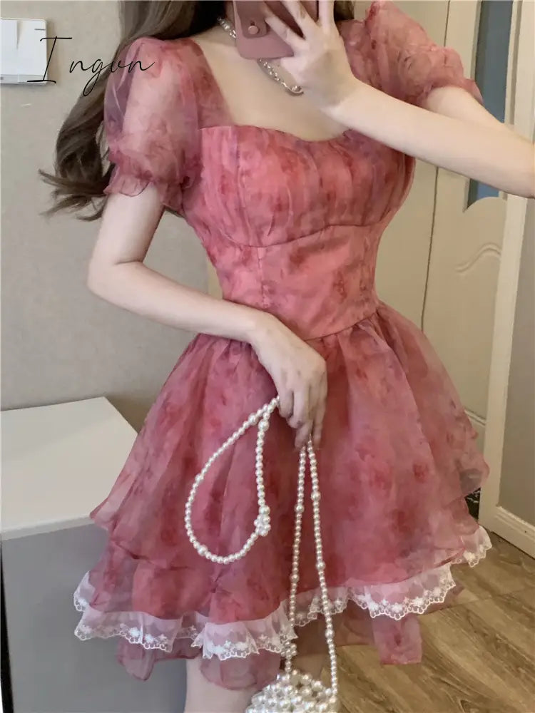 Ingvn - Pink Floral Short Party Dress Sexy Lace Puff Fairy Kawaii Clothing Mini Dress Fashion Birthday Lolita Dress Women Summer 2023