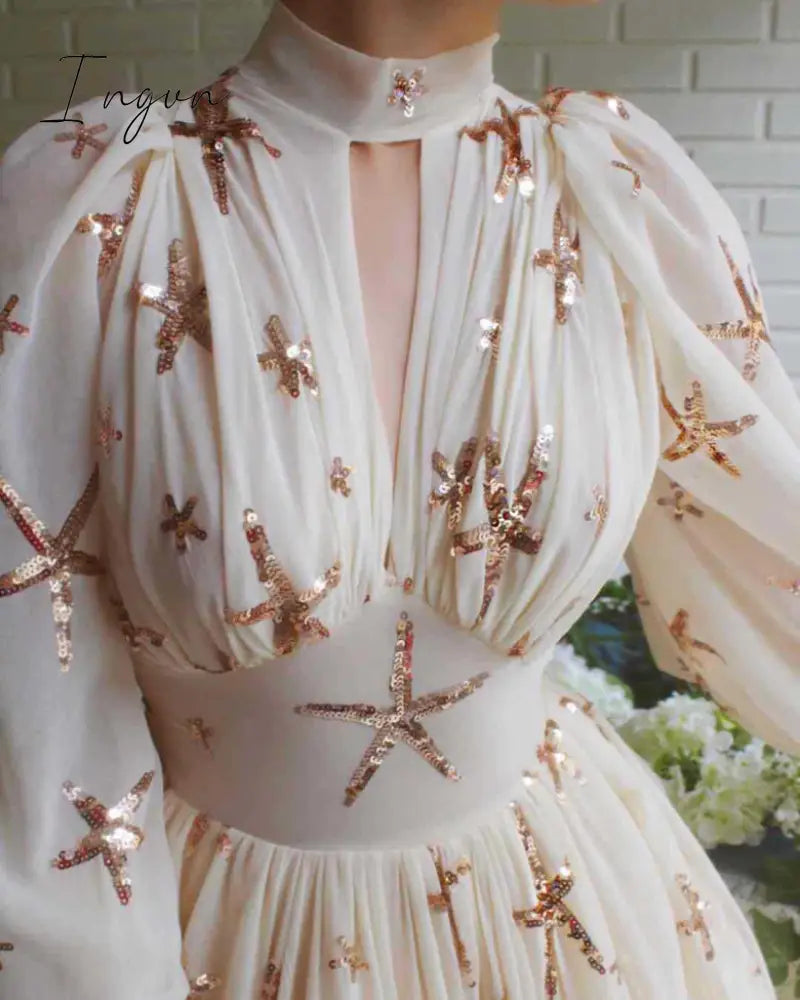 Ingvn - Elegant Women Party Chiffon Dress Sequined Detail Design Slim Waist Dress Classy Formal High Slit Long Maxi Dress