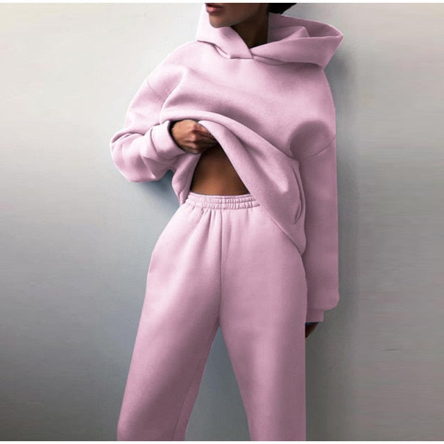Women's Tracksuit Autumn Plus Fleece Sweatshirts Two Piece Set Casual Oversized Solid Female Sports Hoodie Suit Long Pant Sets