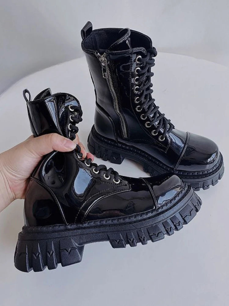 Ingvn  Short Shoes for Woman Combat Booties Punk Style Footwear Waterproof Women's Ankle Boots with Laces Lace-up Biker New Rock In Y2k