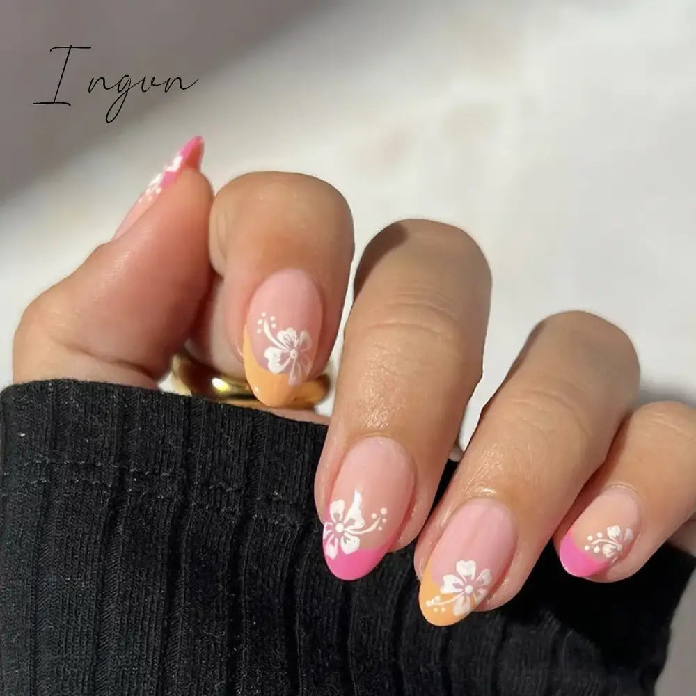 24pcs Short Almond False Nails Flower Pattern Oval Fake Nails Press on Nails Full Cover Wearable Manicure Acrylic Nail Tips