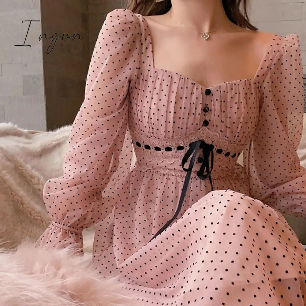 Ingvn - French Vintage Midi Dress Women Puffer Sleeve Square Collor Office Elegant Dress Female Spring Dot One Piece Dress Korean