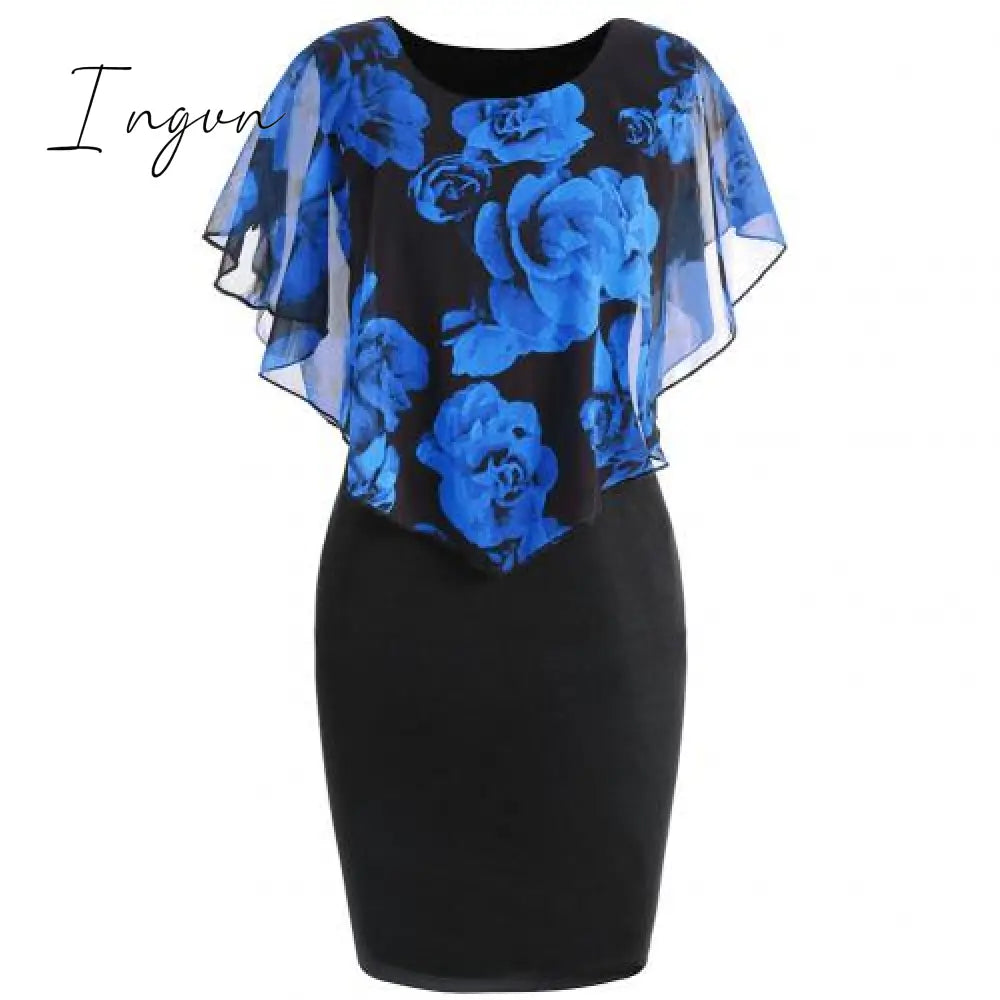 Ingvn - Plus Size Womens Dress Elegant Office Lady Rose Flower Print Cape Bodycon Knee Length Dress