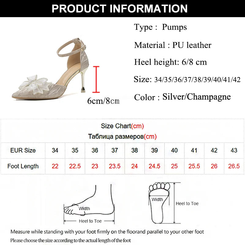 Ingvn  Elegant Silver High Heels Pumps Women Autumn Plus Size 42 Ankle Straps Party Shoes Woman Pointed Toe Bowtie Wedding Shoes