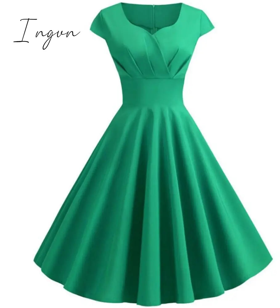 Ingvn - Pink Summer Dress Women V Neck Big Swing Vintage Dress Robe Femme Elegant Retro pin up Party Office Midi Dresses Plus Size