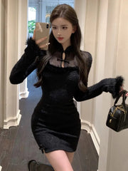Vintage Mini Dress for Women Chinese Style Long Sleeves Bodycon Evening Party Dresses Autumn Female Slim Waist Vestidos Mujer