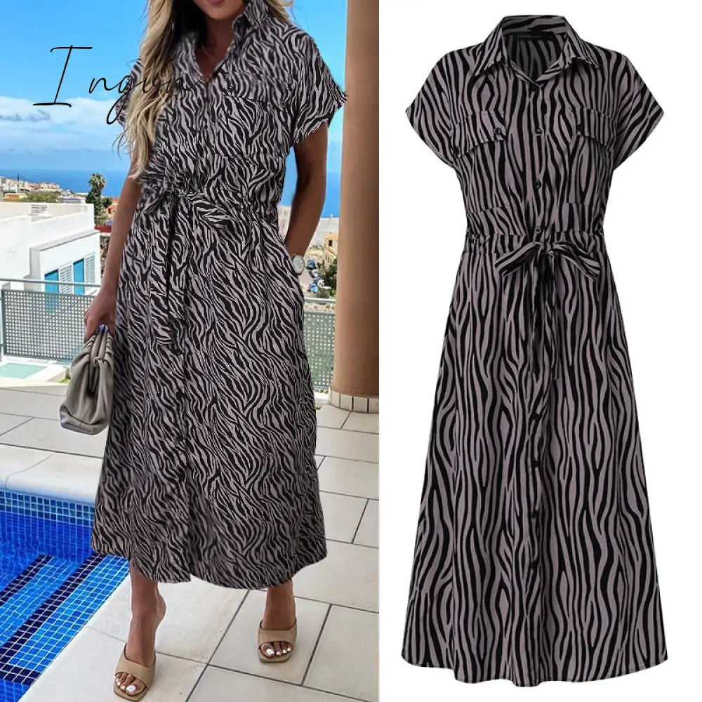 Ingvn - Summer Sundress Women Elegant Dress Plus Size Short Sleeve Casual Loose Buttons High Waist Work Midi Vestidos Robe