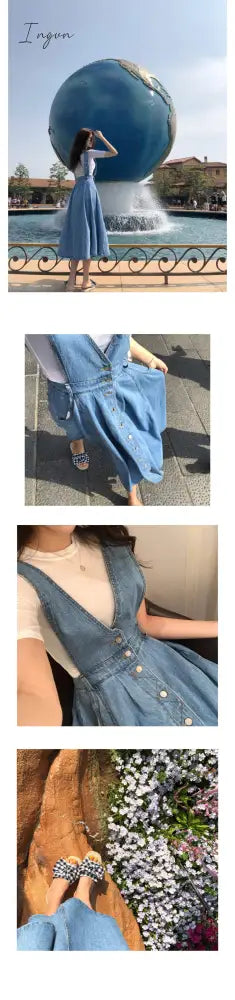 Ingvn - New Denim Dress Women Fashion Solid V Neck Sleeveless Backless With Button Pocket Mid Calf Cotton Strap Dress Office Lady