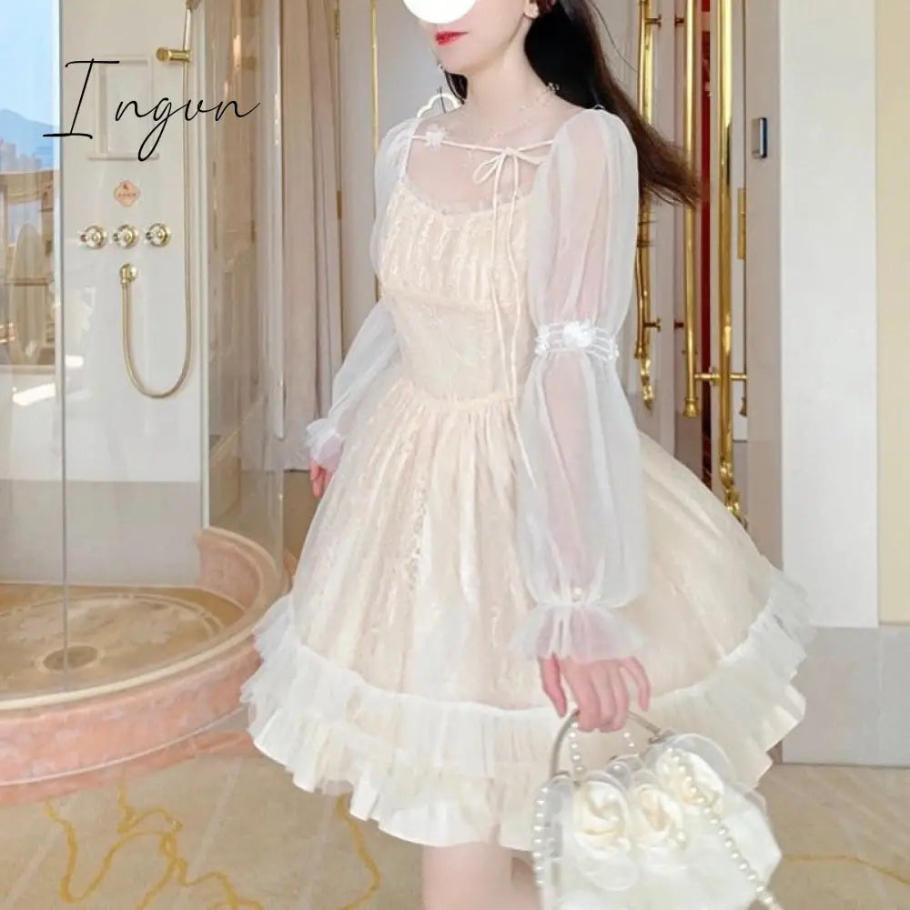 Ingvn - Lolita Kawaii Dress Women Casual Long Sleeve Vintage Y2k Mini Dress Female Japanese Style One Piece Dress Korean Autumn