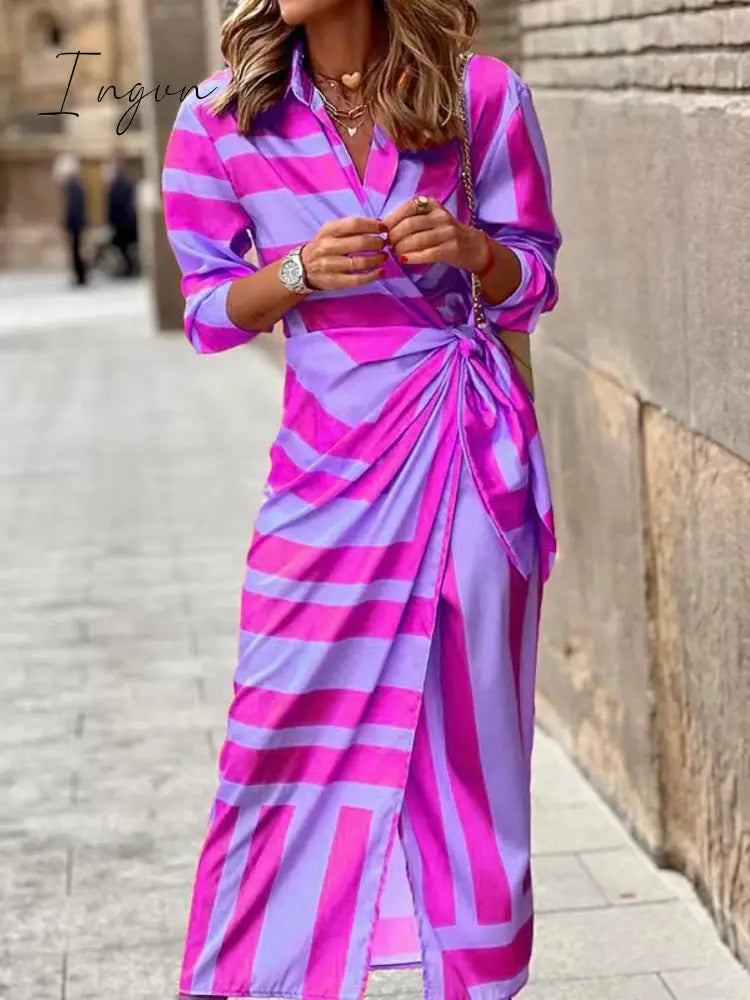 Ingvn - Ladies Elegant V-Neck Tie Waist Print Dress