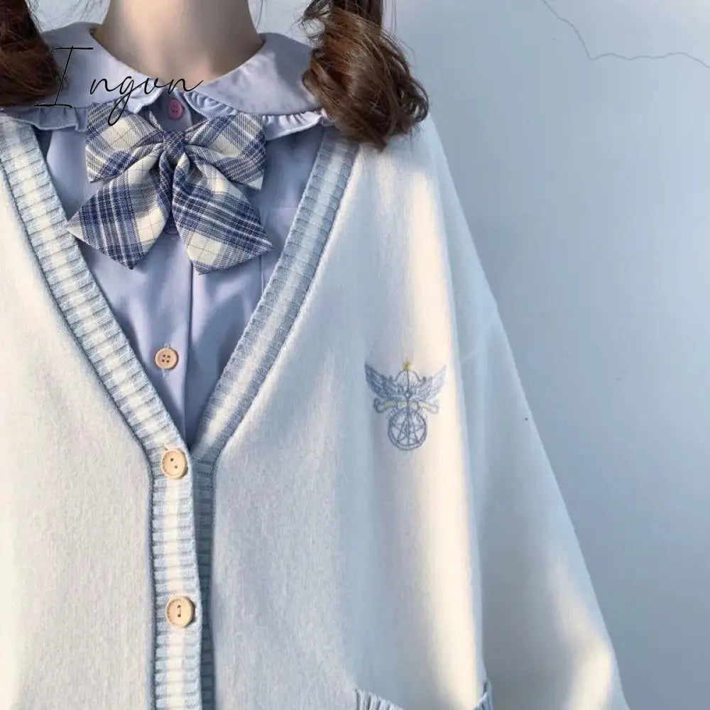 Ingvn - Spring Japanese Kawaii Fashion Pink Cardigan Women Harajuku Knitted Sweater Cute Bow Heart Korean College Style JK Uniform Coat