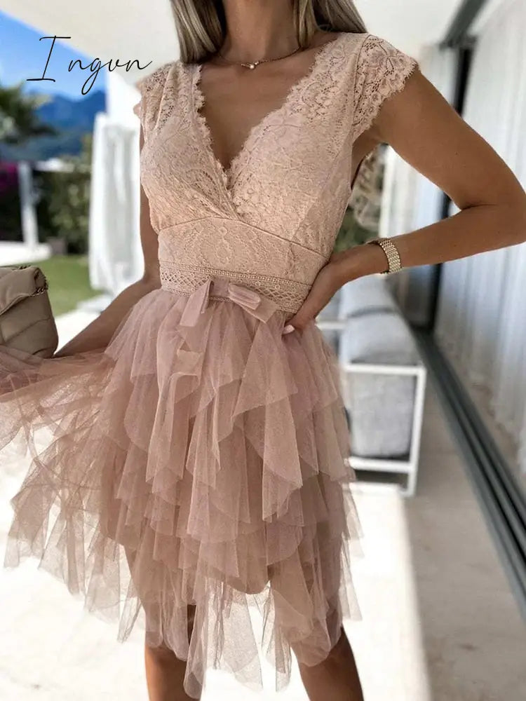 Ingvn - Hot Sale Lace Patchwork Asymmetrical Black Dress Femme Sexy Sleeveless Slim Fit Party Dress Solid Summer Backless V Neck Hollow Out Dress