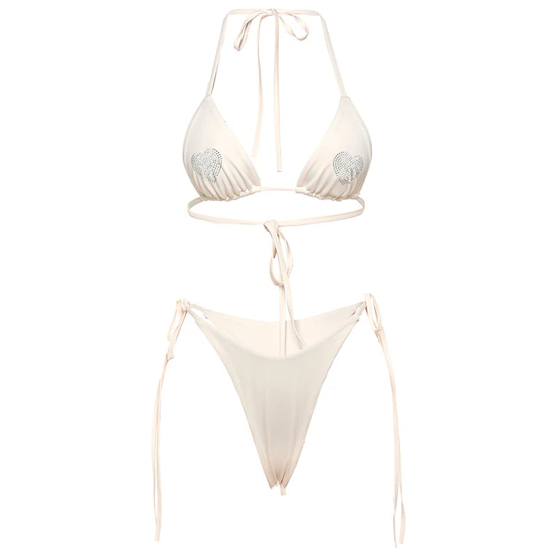 Sexy Heart Rhinestones Fashion Bikini 2 Piece Set Women Halter Bra Tops+Shirring Skinny Briefs Beach Style Trend Suit