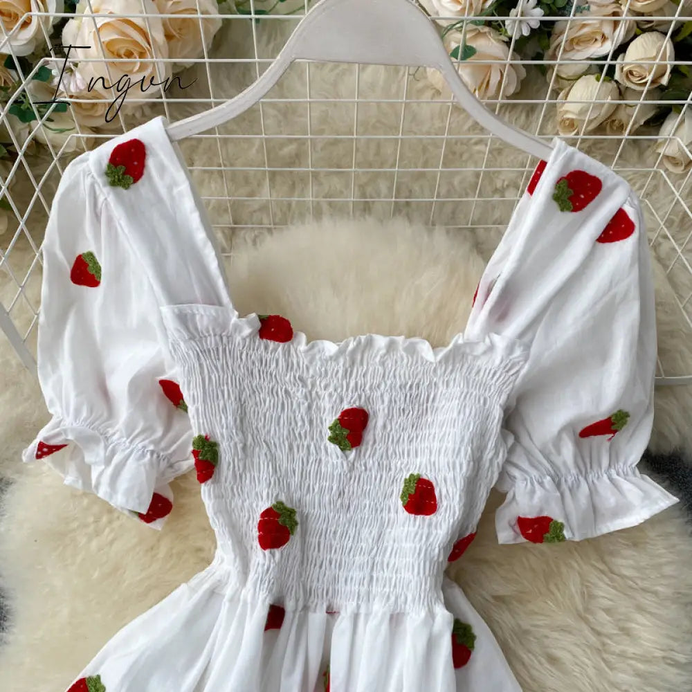 Ingvn - Strawberry Dress Cherry Kawaii Embroidery Puff Sleeve Dress Women Vintage White Square Neck Beach Dresses Korean Clothes