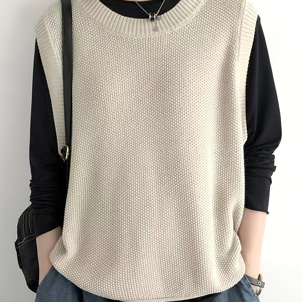 Women's Casual Solid Crew Neck Knitted Sleeveless Loose Fit Vest Sweater, Soft and Cozy Winter Clothing