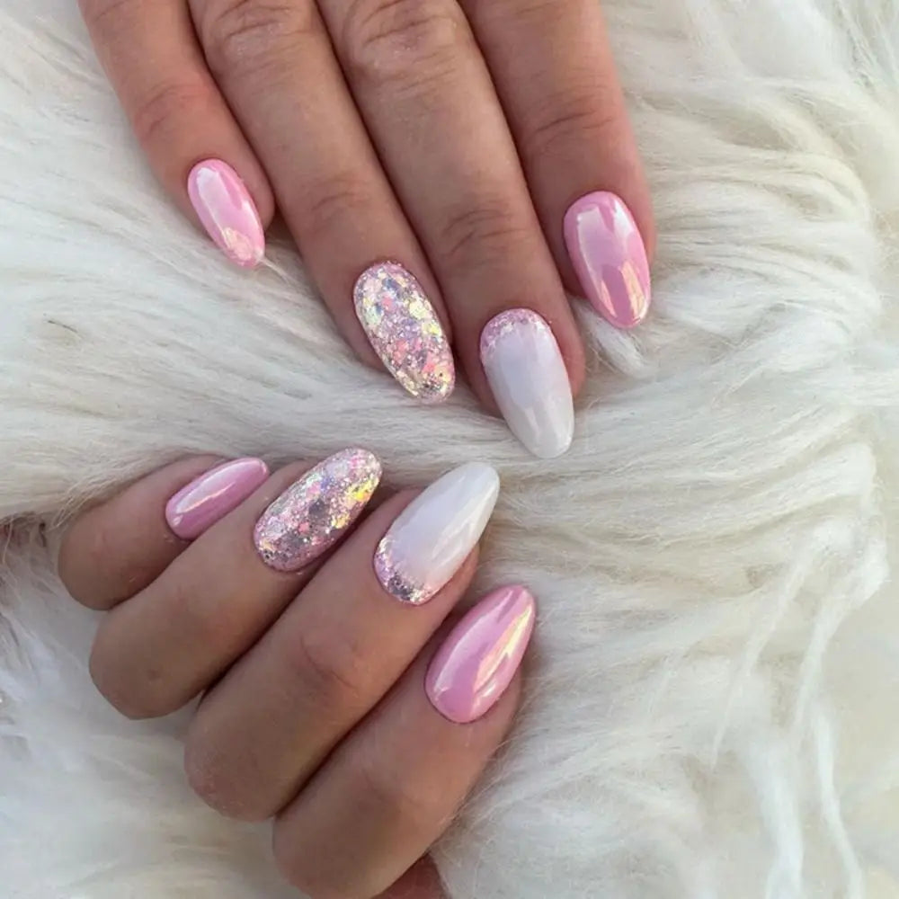 24pcs Long Almond False Nails French Pink Cloud Star Press on Nails Fake Nails DIY Manicure Detachable Gradient Flash Nail Tips