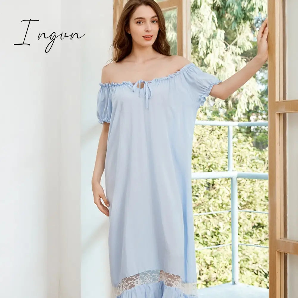 Ingvn - Fashion Trends Summer Women Nightgowns White Cotton Short Sleeve Nightdress Vintage Long Sleepwear Lace Sexy Nightwear Home Night Dress