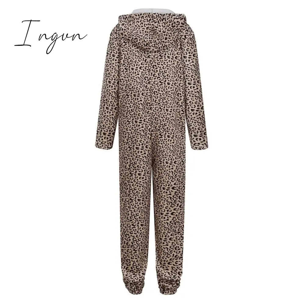 Ingvn - Women's Pajamas Jumpsuit Leopard Star Warm Comfort Plush Home Christmas Flannel Warm Breathable Hoodie Long Sleeve Pocket Fall Winter Leopard Print Moon blue