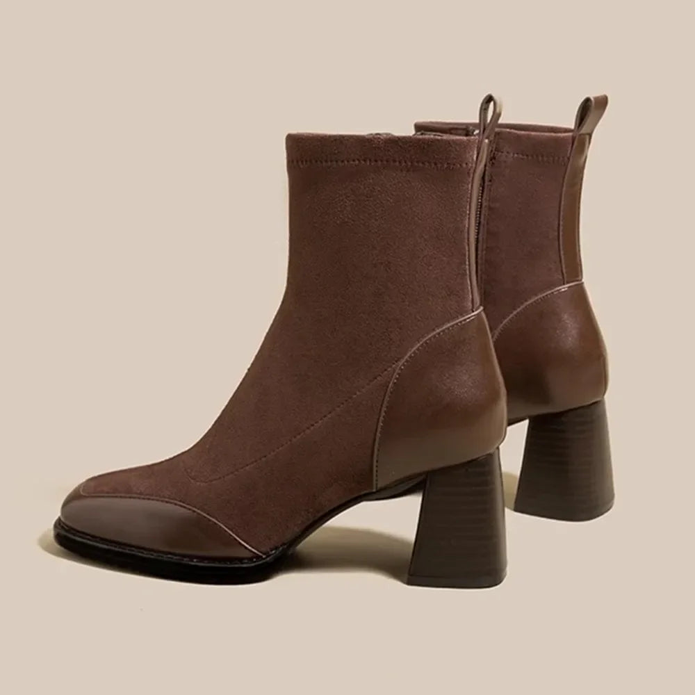 Thick High Heel Short Boots Autumn Winter New Square Headed Suede Ankle Boots for Women Black Brown Elastic Heeled Botines Mujer